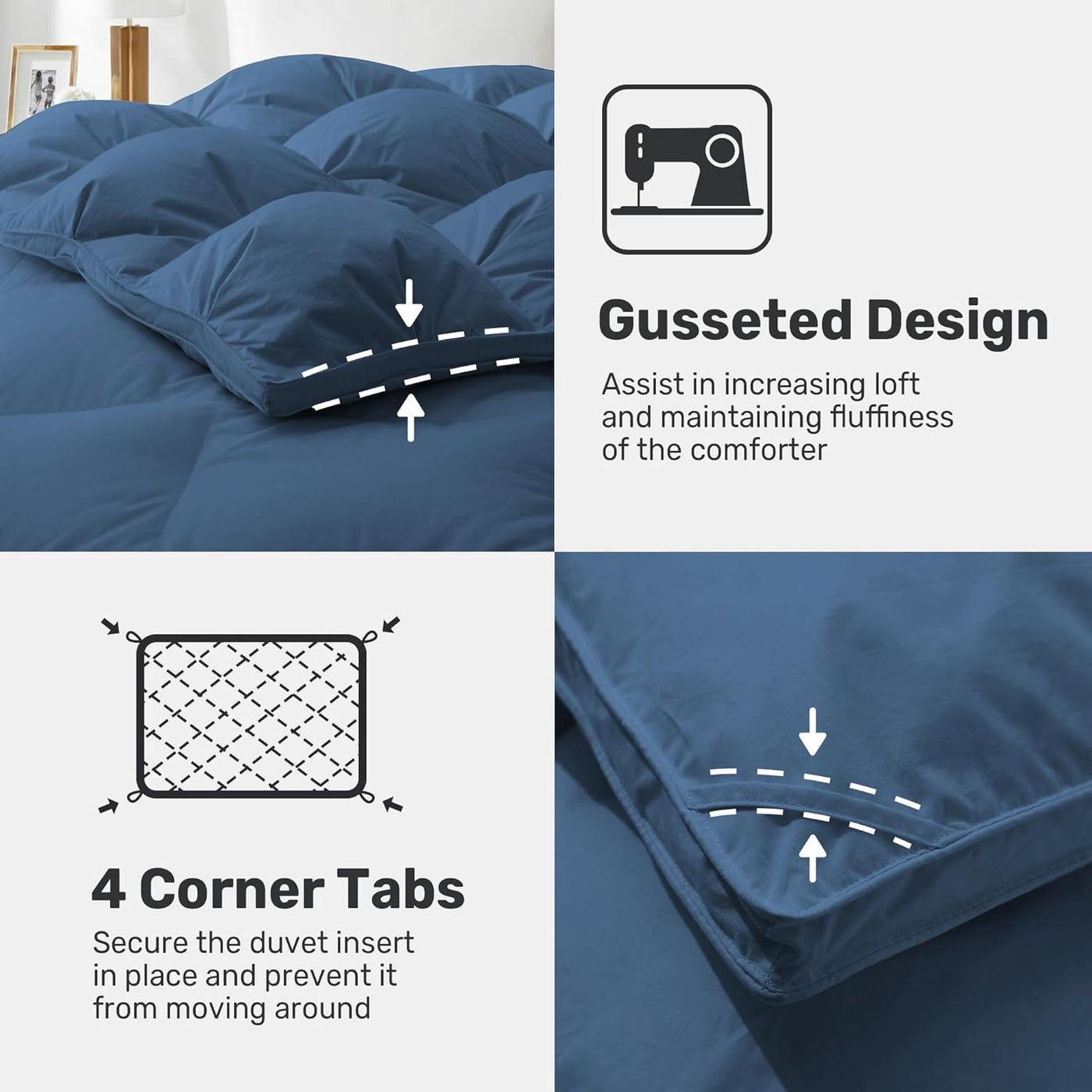 Blue duvet with gusseted design and corner tabs features on a white background