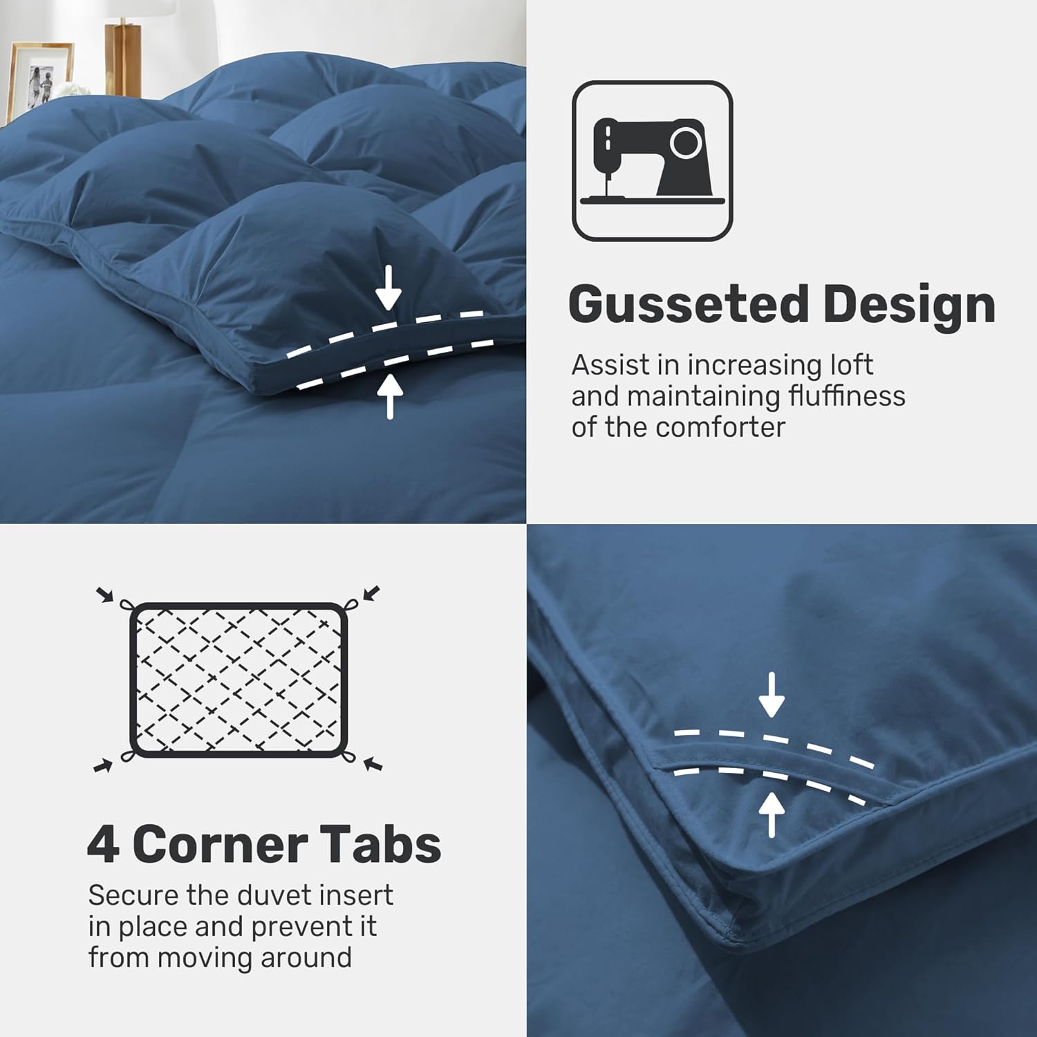 Blue duvet with gusseted design and corner tabs features on a white background