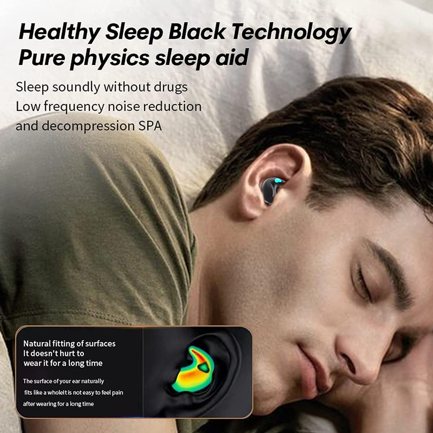 Person sleeping with a device in their ear, promoting 'Healthy Sleep Black Technology' with text about sleep aid.