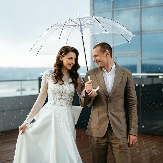 Clear Umbrella 37.4 Inch Transparent Dome Wedding Rain Parasol White Aodaer