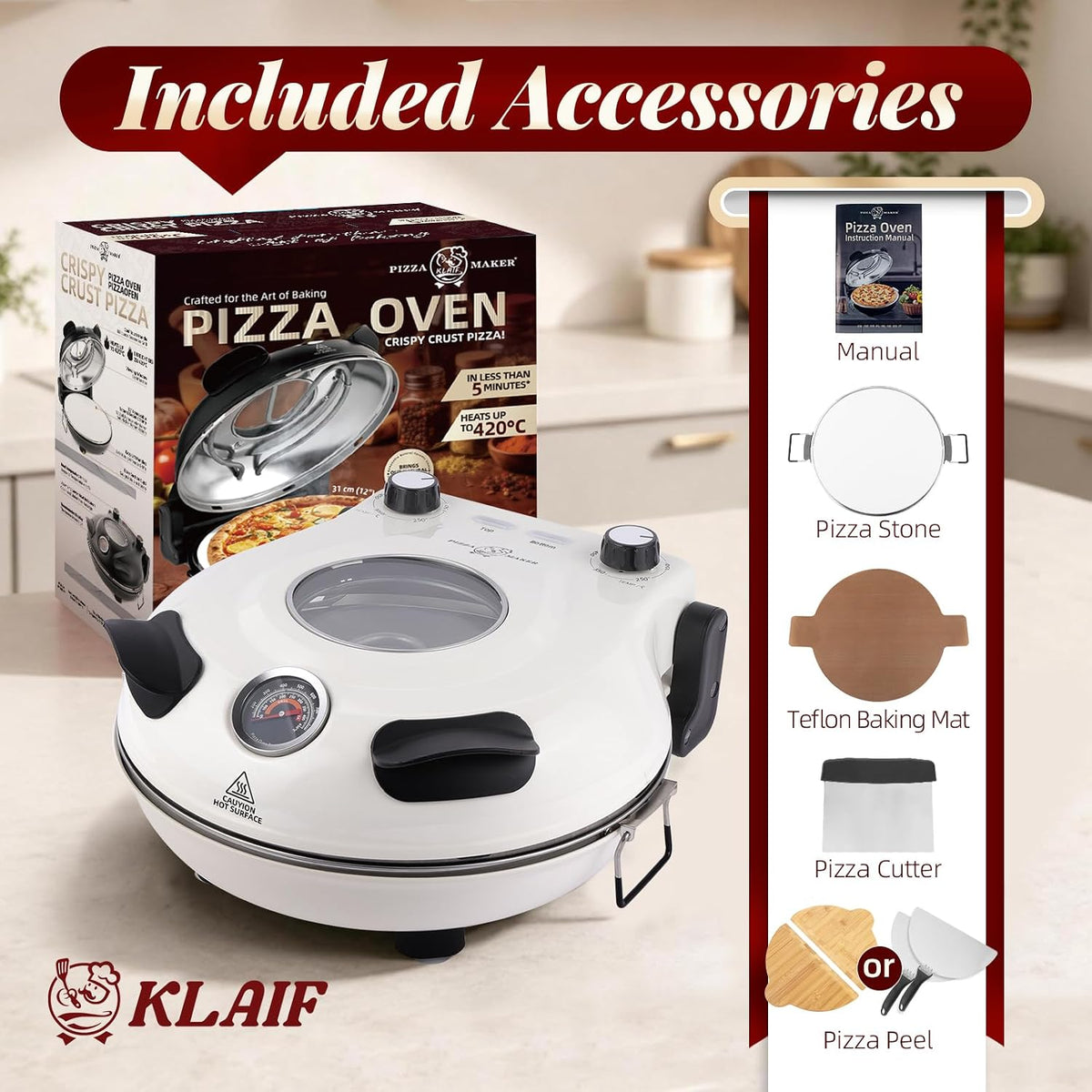 Electric Pizza Oven Indoor 12 Inch Ceramic Stone Countertop Cooker White KLAIF