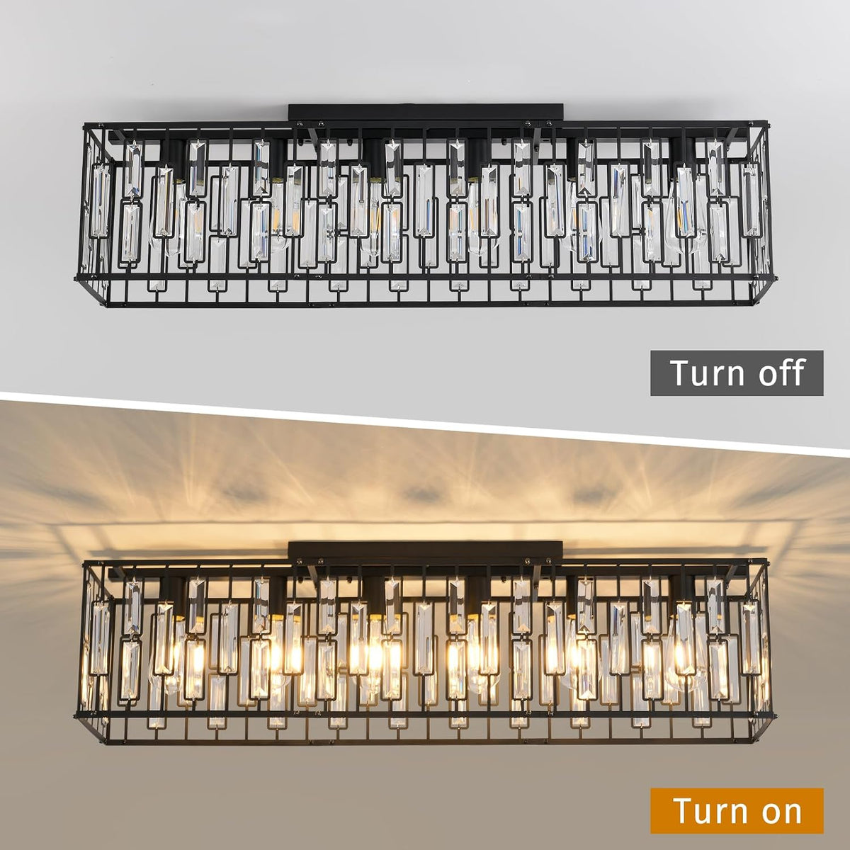 Crystal Ceiling Light 6 Light Black Rectangular Chandelier E27 Modern JIINOO