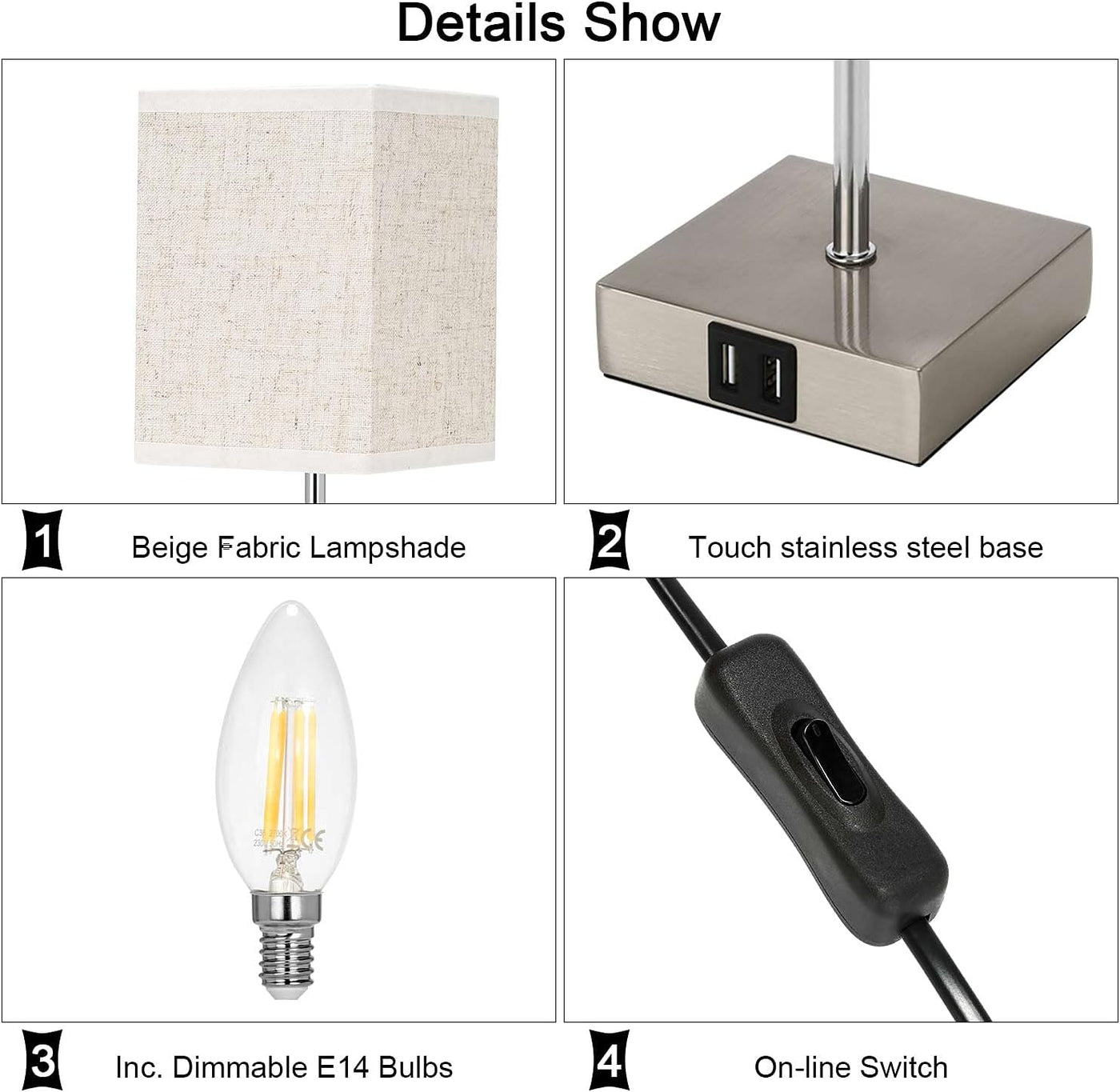 Product details of a lamp with beige fabric shade, touch stainless steel base, incandescent bulb, and on-line switch.