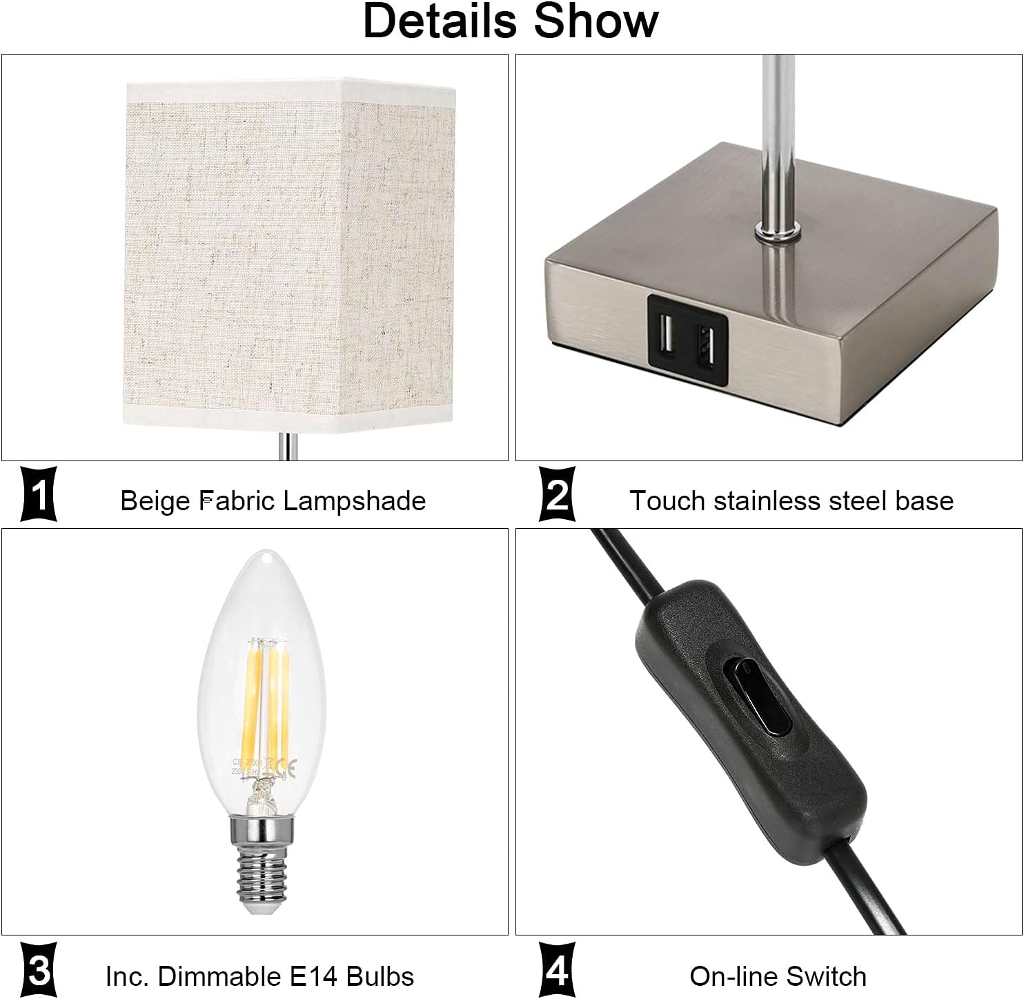 Product details of a lamp with beige fabric shade, touch stainless steel base, incandescent bulb, and on-line switch.