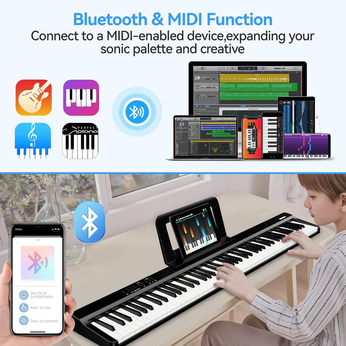 Digital Piano Keyboard 88 Keys Folding Portable Electric Stand Black TERENCE