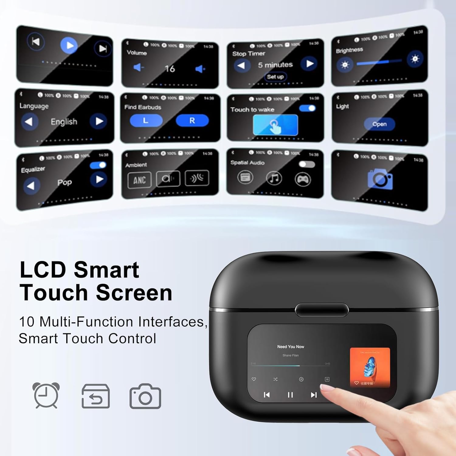 Black electronic device with LCD smart touch screen and multiple interface options displayed above.