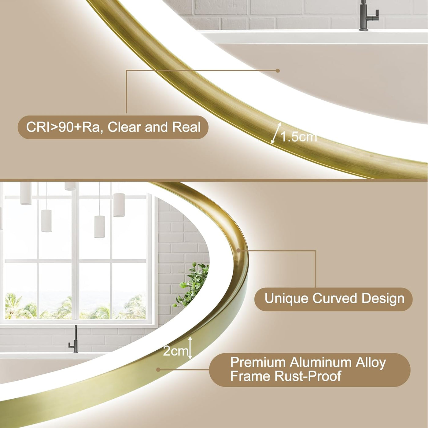 Oval LED Bathroom Mirror 60x90 Gold Frame Anti Fog Dimmable S'bagno