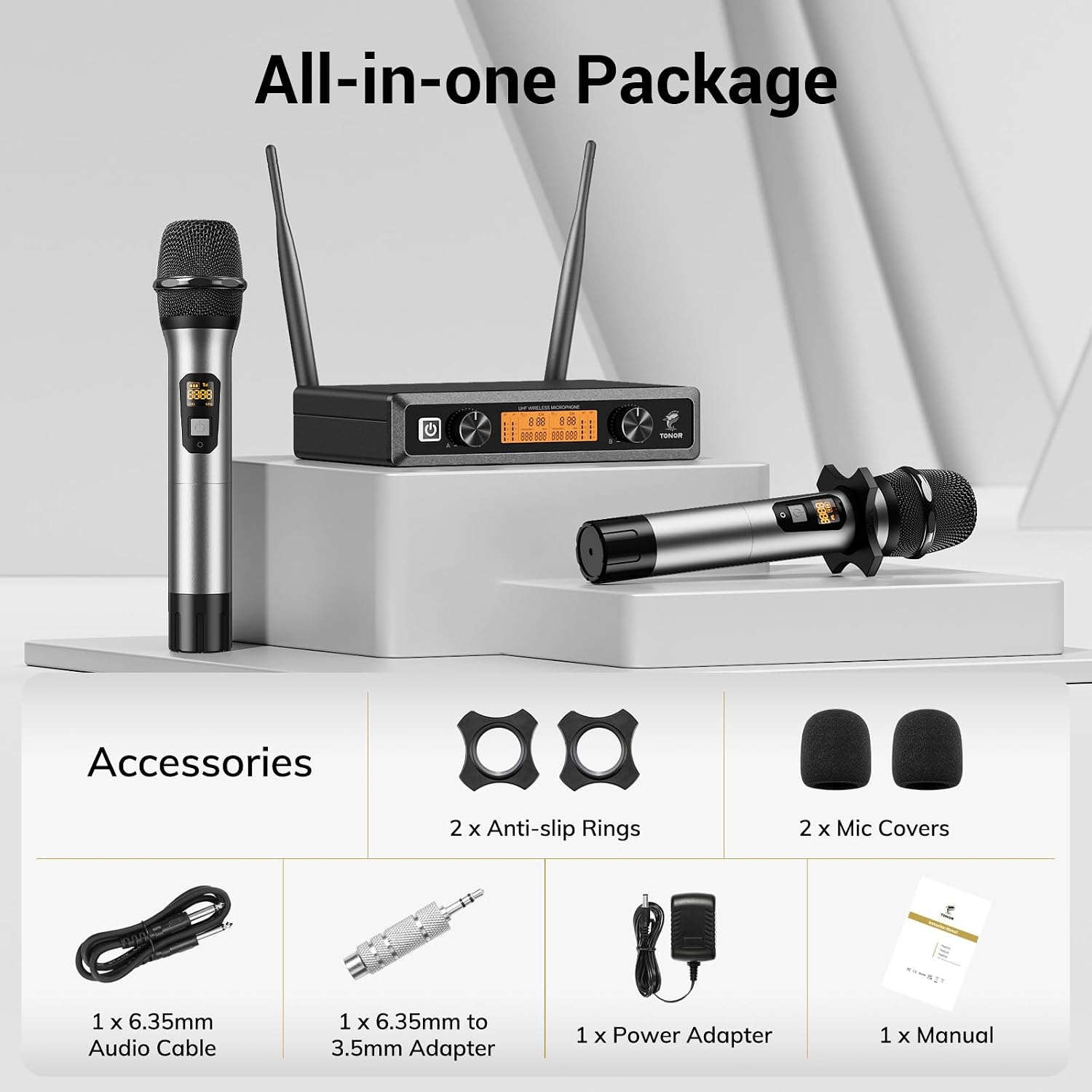 Wireless Microphones Dual UHF Cordless Dynamic 60m Silver TONOR Professional