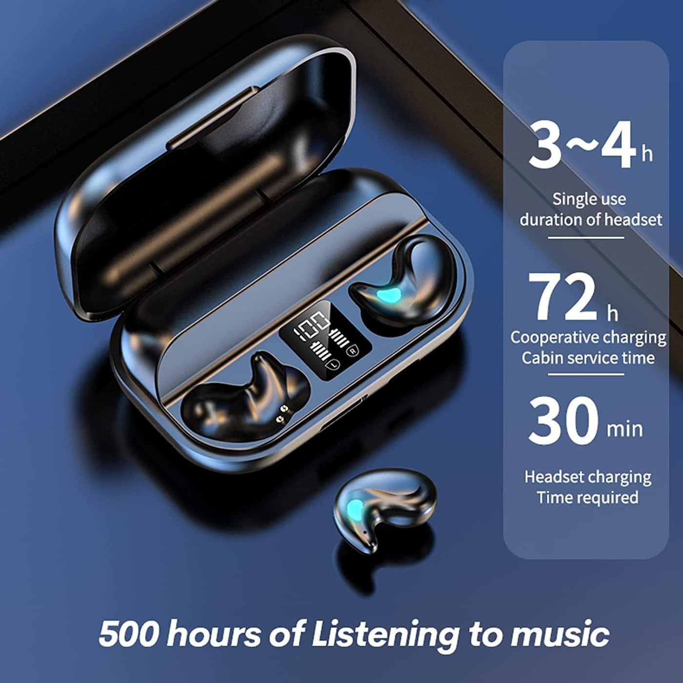 Black wireless earbuds with charging case on a dark background, showing battery life and charging times.