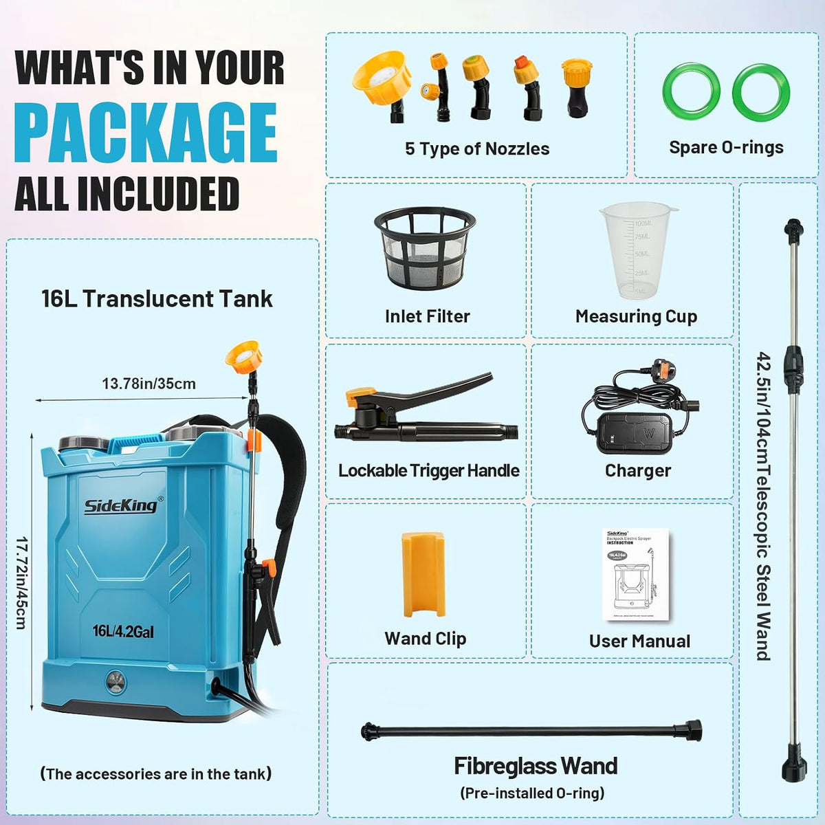 Knapsack Sprayer 16L Electric 120 PSI 4000mAh Battery Dual Wands SideKing Garden