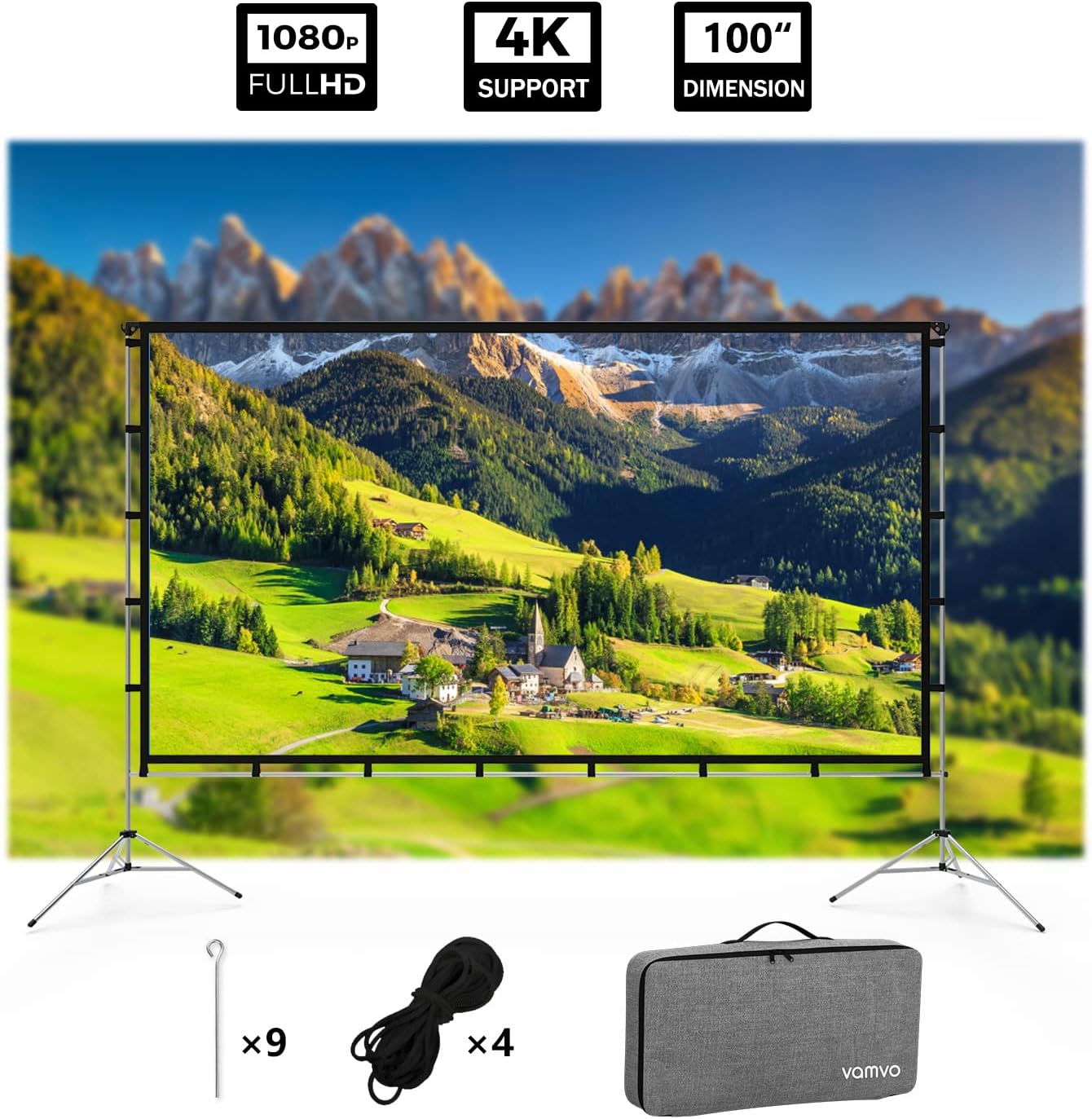 Vamvo 100'' Projector Screen w/ Stand, 16:9 4K HD Portable for Indoor/Outdoor