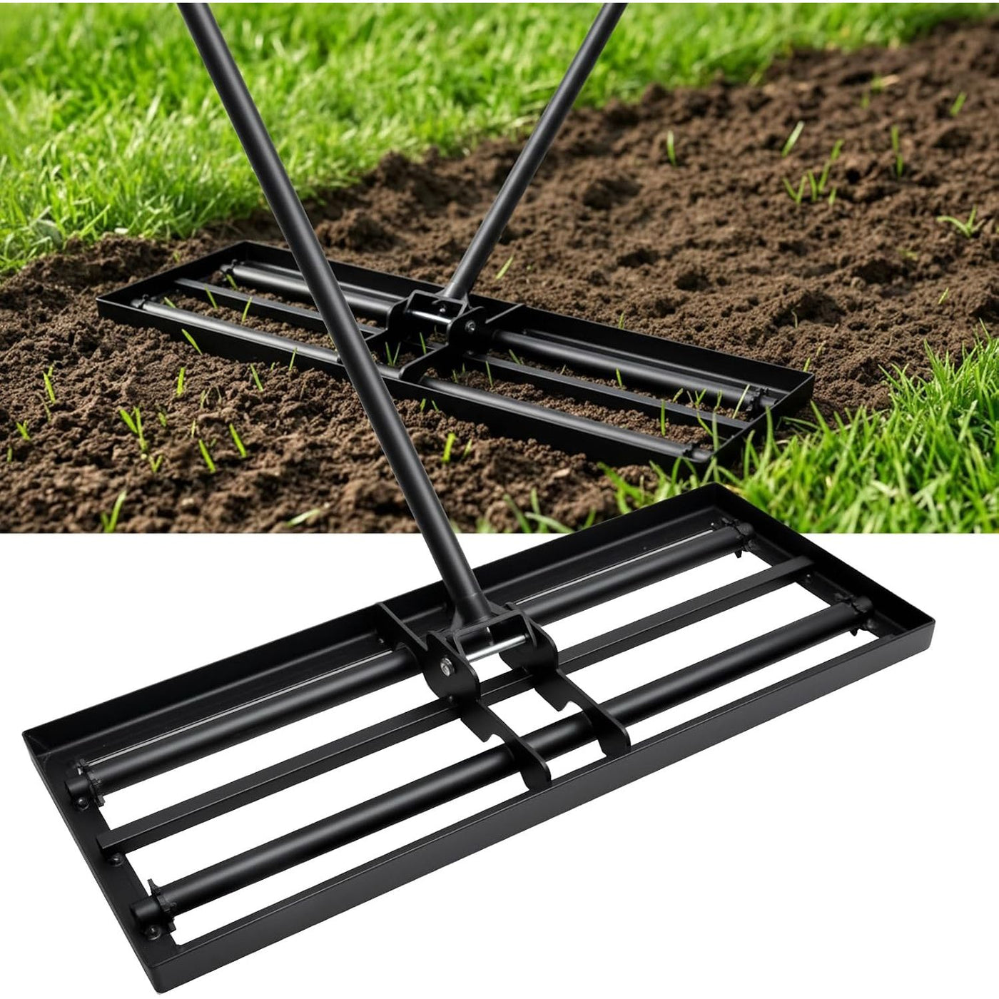 Lawn Levelling Rake 76x25cm Rolling Head 207cm Adjustable Handle A3 Steel Garden