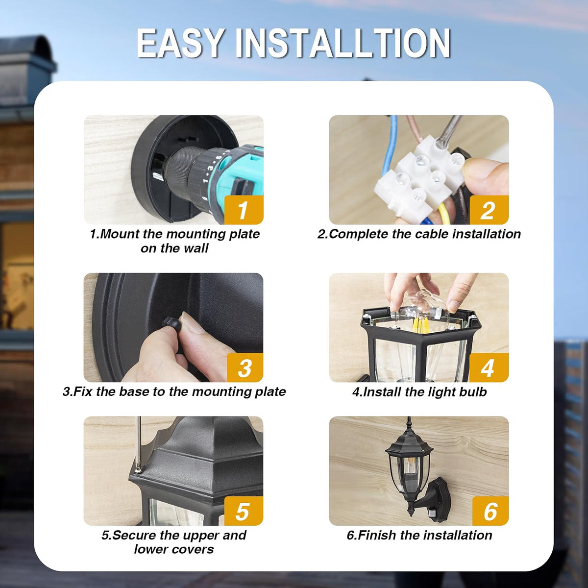 Outdoor Wall Light PIR Motion Sensor Waterproof E27 Black Aluminium Porch Lantern