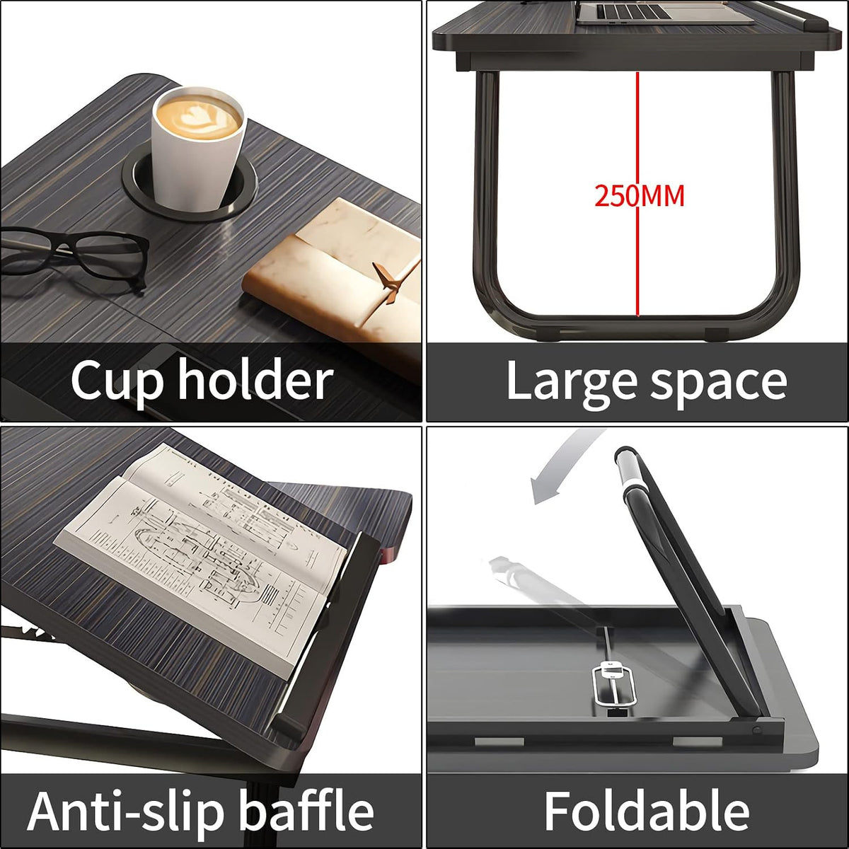 Laptop Bed Table Foldable Legs Cup Slot Reading Notebook Stand  Black Desk Tray