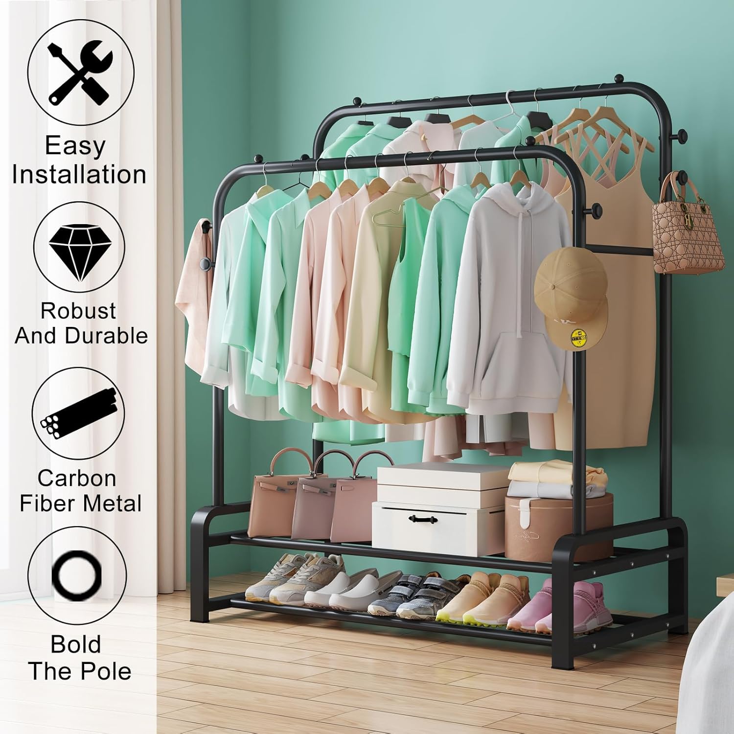 SMILOVII Heavy Duty Metal Clothes Rail, Double Rails, Hooks & 2-Tier Shoe Rack