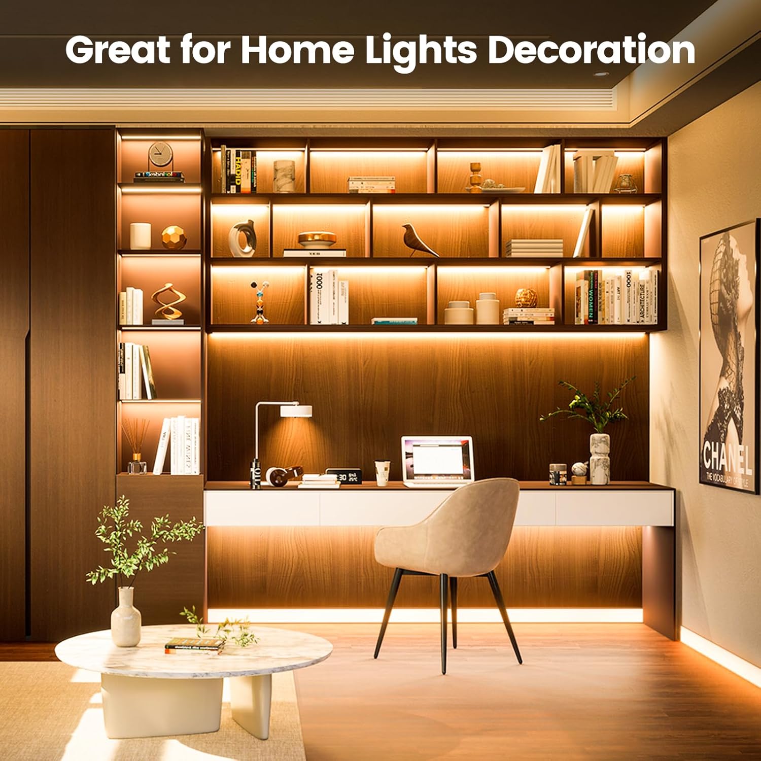 Modern home office with wooden shelves, desk, and decor items.
