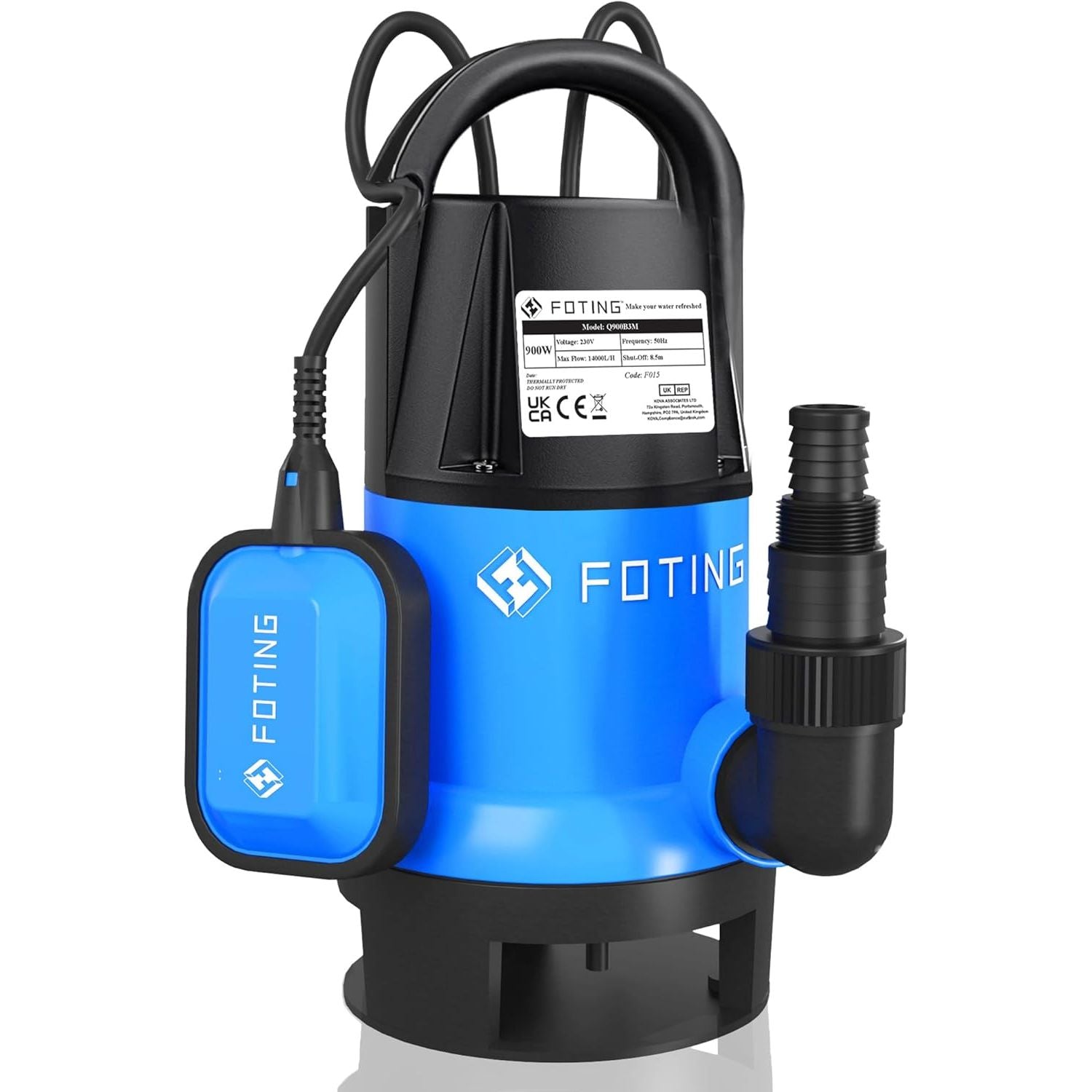 A FOTING submersible sewage pump with a bright blue and black body, featuring an integrated carrying handle, a side-mounted black hose connector, and a blue float switch, shown on a clean white background.