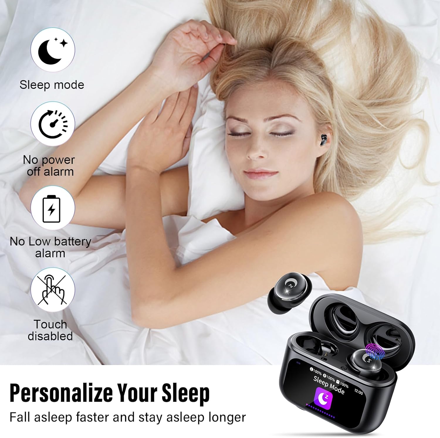 Woman lying in bed with wireless earbuds and sleep mode features displayed.