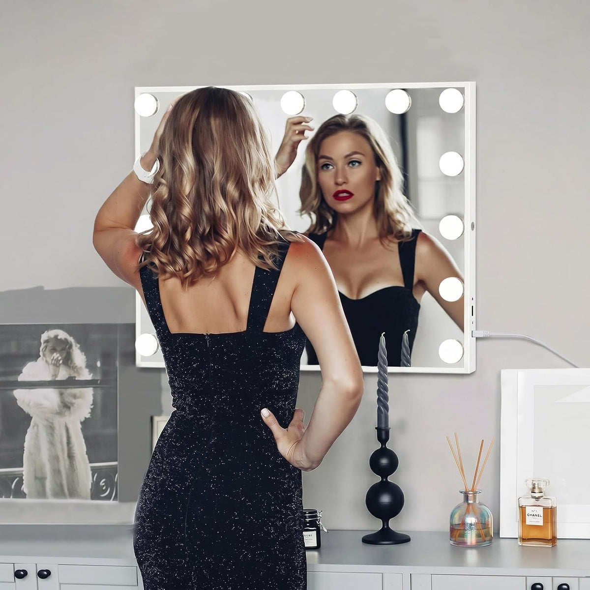Hollywood Vanity Mirror 58x46cm 15 LED Lights Type-C Makeup FENCHILIN White