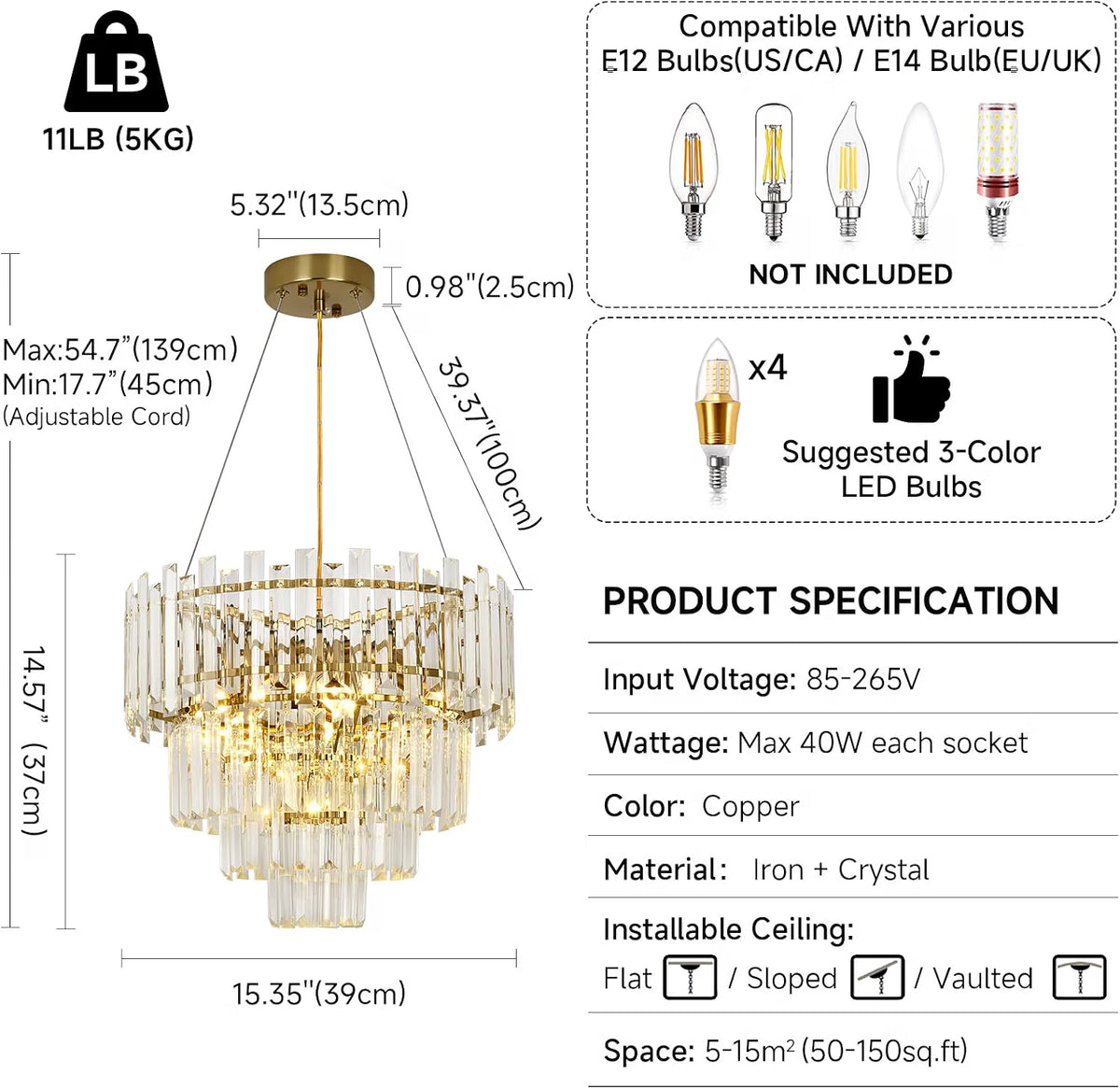 Gold Crystal Chandelier 40cm Round Pendant Light E14 4 Light Modern Ceiling Lamp