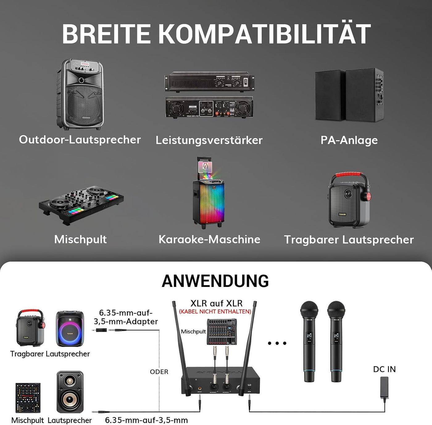 Wireless Microphone Set UHF Rechargeable 100m Auto Scan Dual TONOR Mics
