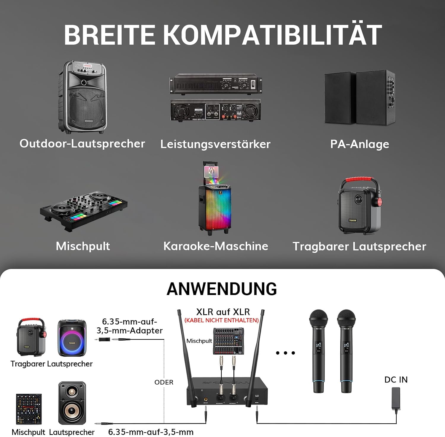Wireless Microphone Set UHF Rechargeable 100m Auto Scan Dual TONOR Mics