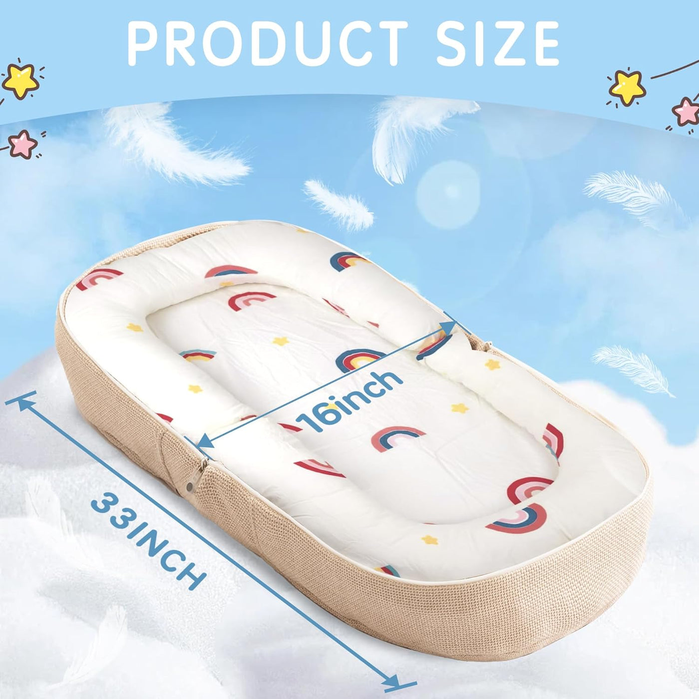 A baby bassinet or lounger shown with overlaid dimension lines reading 16 inch and 33 inch under the heading 'PRODUCT SIZE'. The product has a cream/off-white printed interior with rainbow and star motifs and a beige woven exterior, set against a soft blue cloud-themed background.