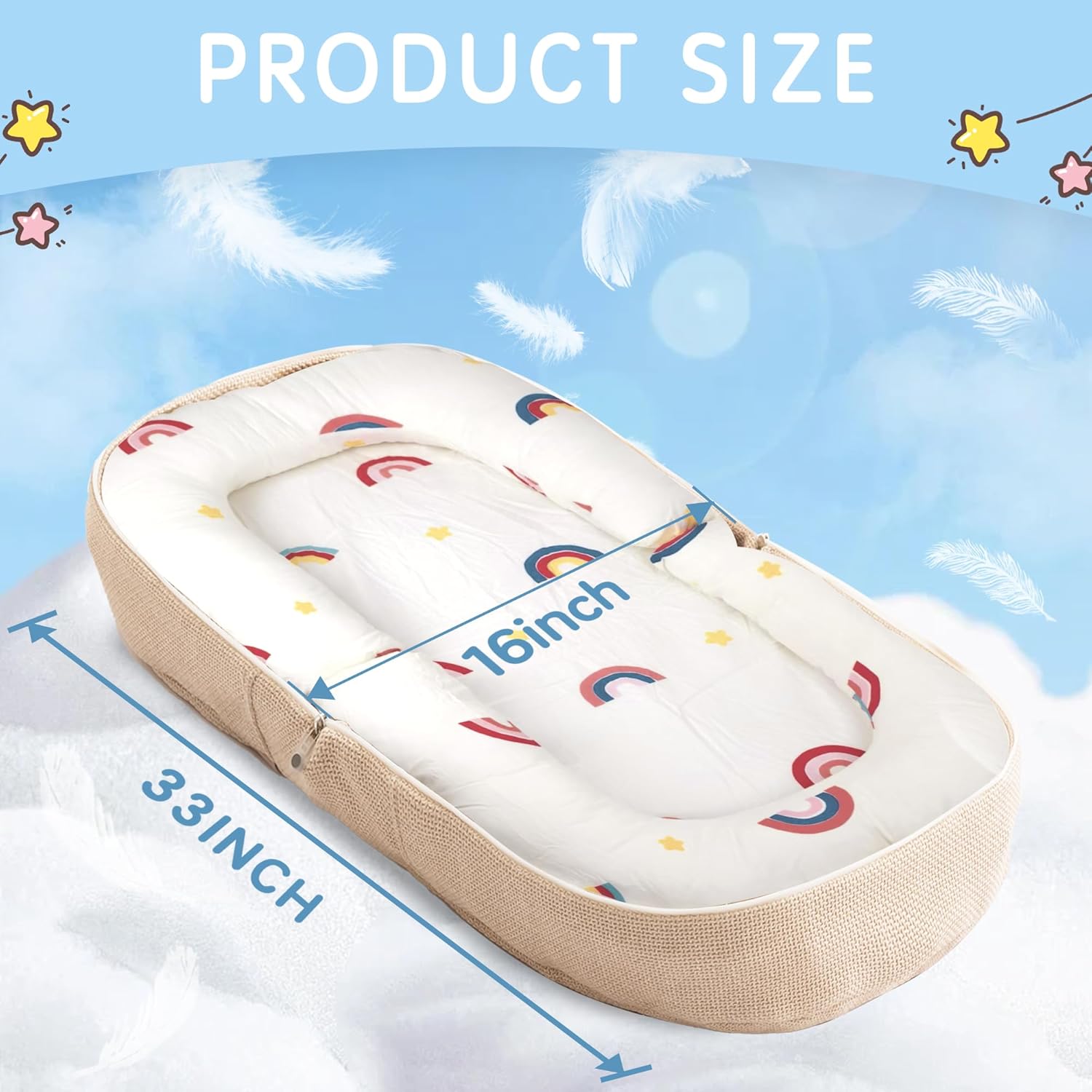 A baby bassinet or lounger shown with overlaid dimension lines reading 16 inch and 33 inch under the heading 'PRODUCT SIZE'. The product has a cream/off-white printed interior with rainbow and star motifs and a beige woven exterior, set against a soft blue cloud-themed background.