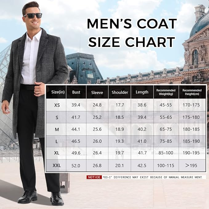 iCKER Men's Slim Fit Wool Trench Coat, Casual Overcoat,  Peacoat Jacket, Size L, Black
