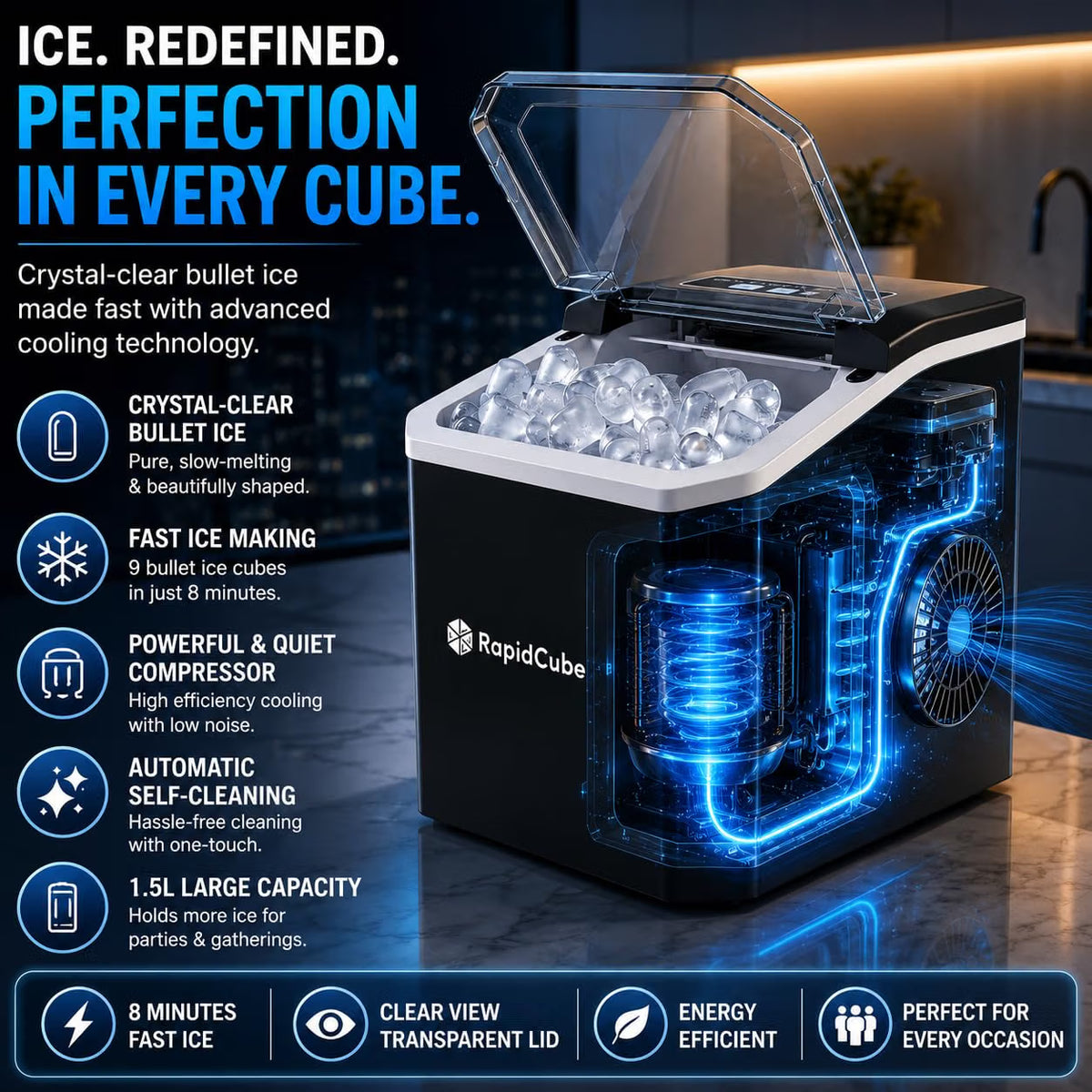 Ice Maker Machine 1.5L Countertop Self Cleaning Portable Compact Ice Maker iN