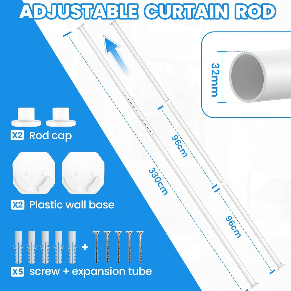 Tension Curtain Rod 98-330cm 32mm Extendable Black Pole 2 Wall Bases No Drill