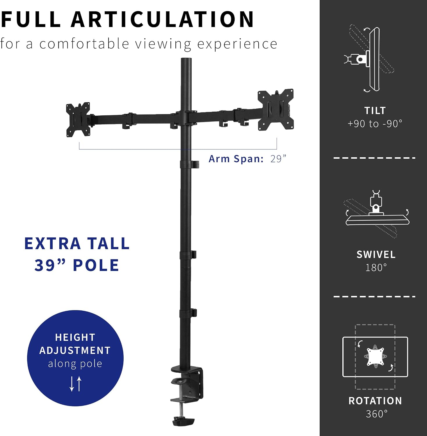 Dual Monitor Stand 27 Inch Extra Tall 39 Inch Pole Adjustable VIVO