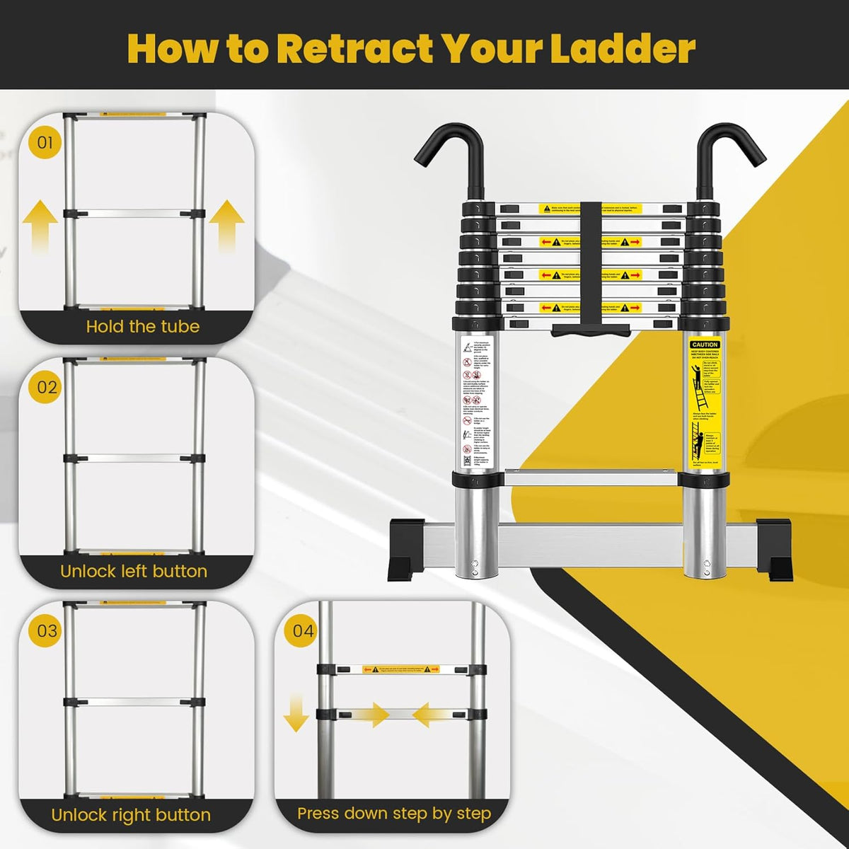 Telescopic Ladder 3.8m Aluminium Extension Stabiliser Bar Hooks EN131 Portable