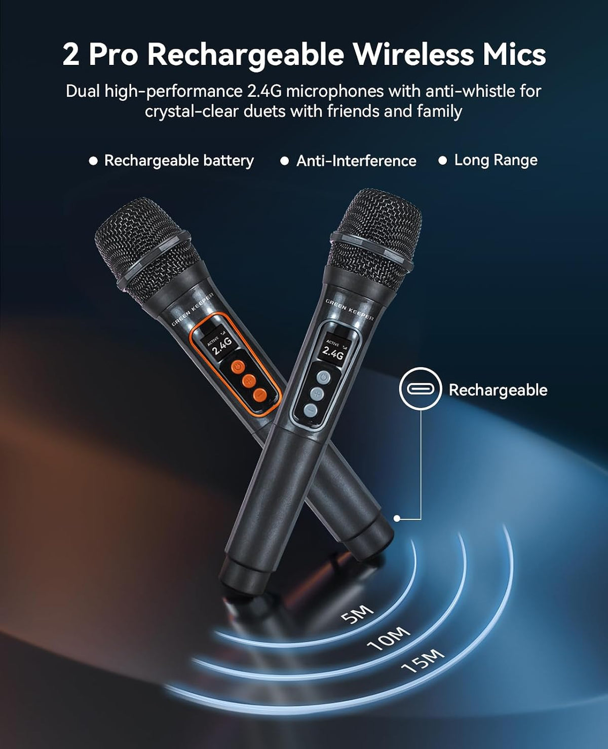 Karaoke Machine Bluetooth Speaker 2 Wireless Mics LED Party PA System GKD40