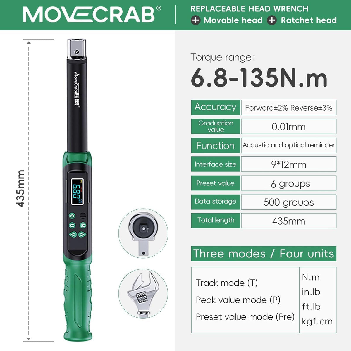 Digital Torque Wrench 6.8-135Nm Interchangeable Heads Precision Torque Spanner Tool