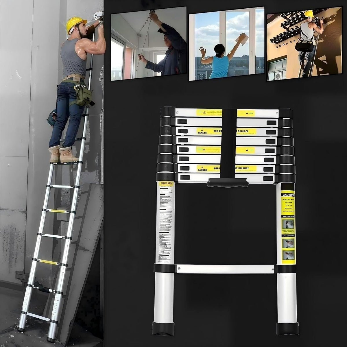Telescopic Ladder 3.8m 12.5ft Aluminium 13 Step 150kg EN131 Multibao Portable
