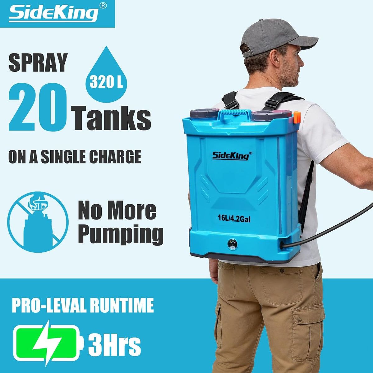 Knapsack Sprayer 16L Electric 120 PSI 4000mAh Battery Dual Wands SideKing Garden