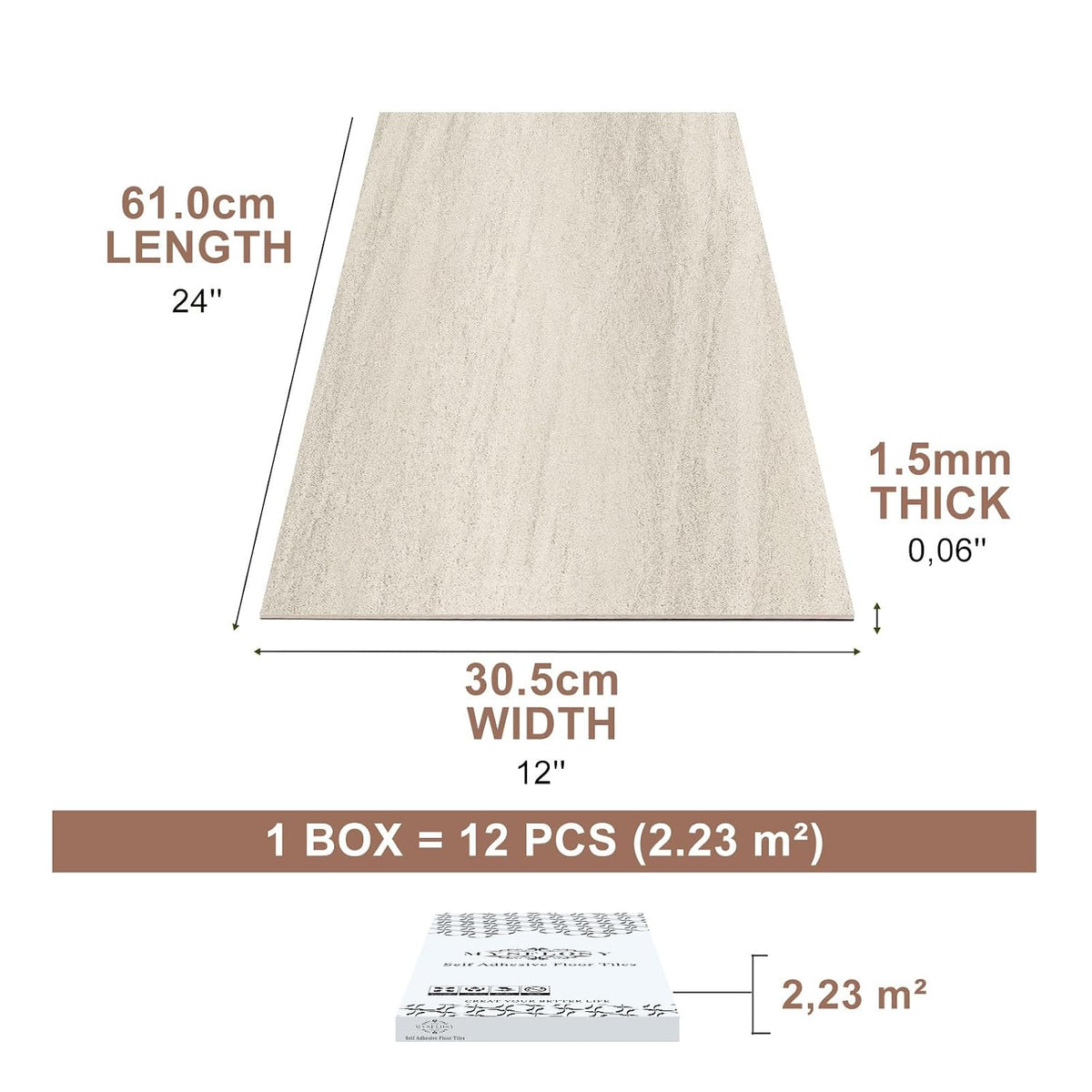 Self Adhesive Vinyl Floor Tiles 61x30.5cm Stone Effect Waterproof Mysflosy