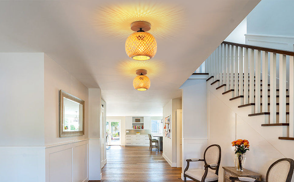 Bamboo Ceiling Light Boho Rattan Semi Flush Mount Farmhouse Fixture Mini Size