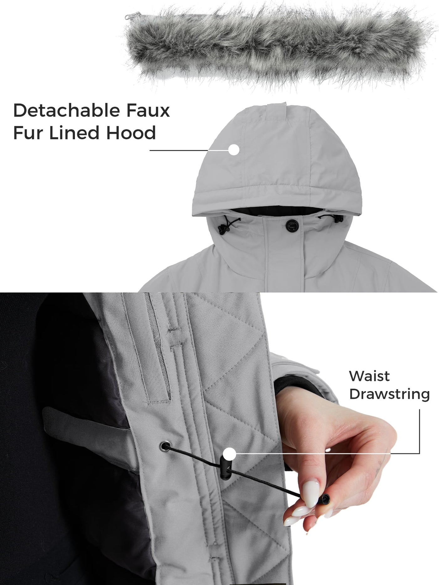 Gray jacket with detachable faux fur lined hood and waist drawstring, labeled on a white background.