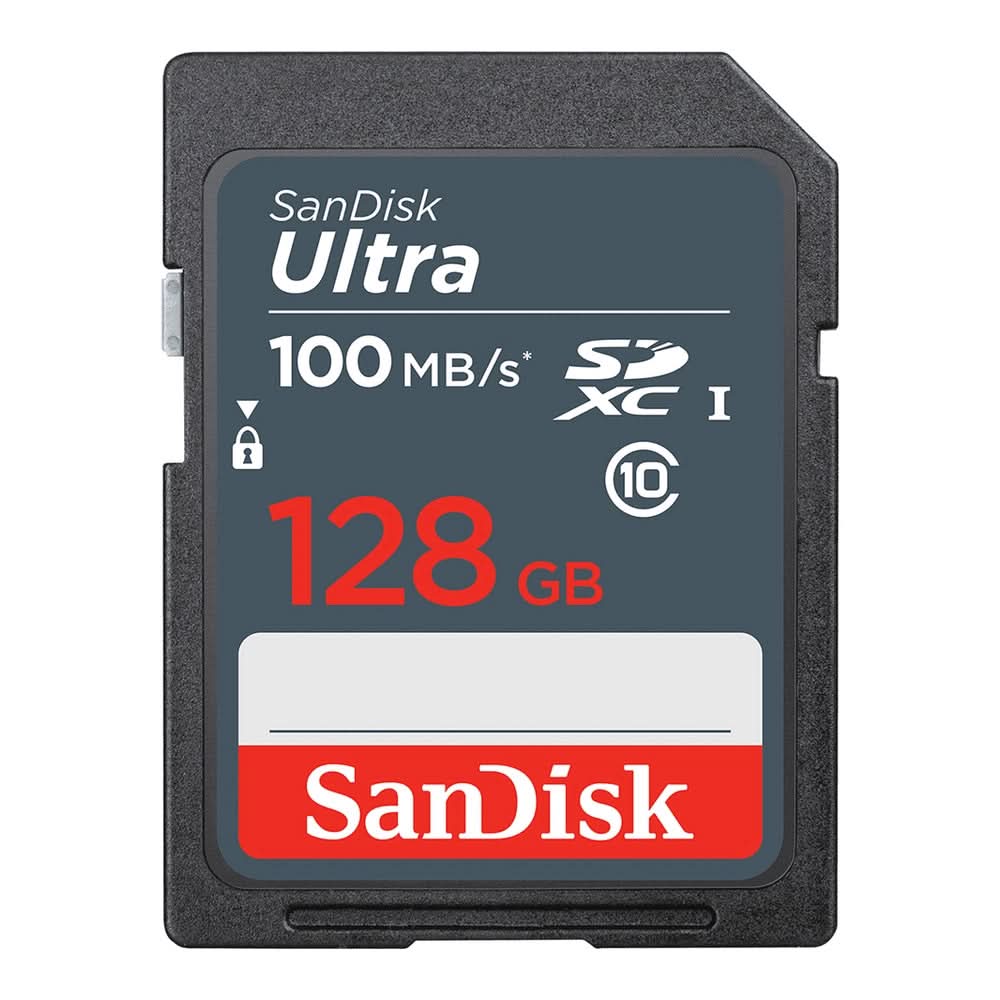 SanDisk Ultra 128GB SD card on a white background