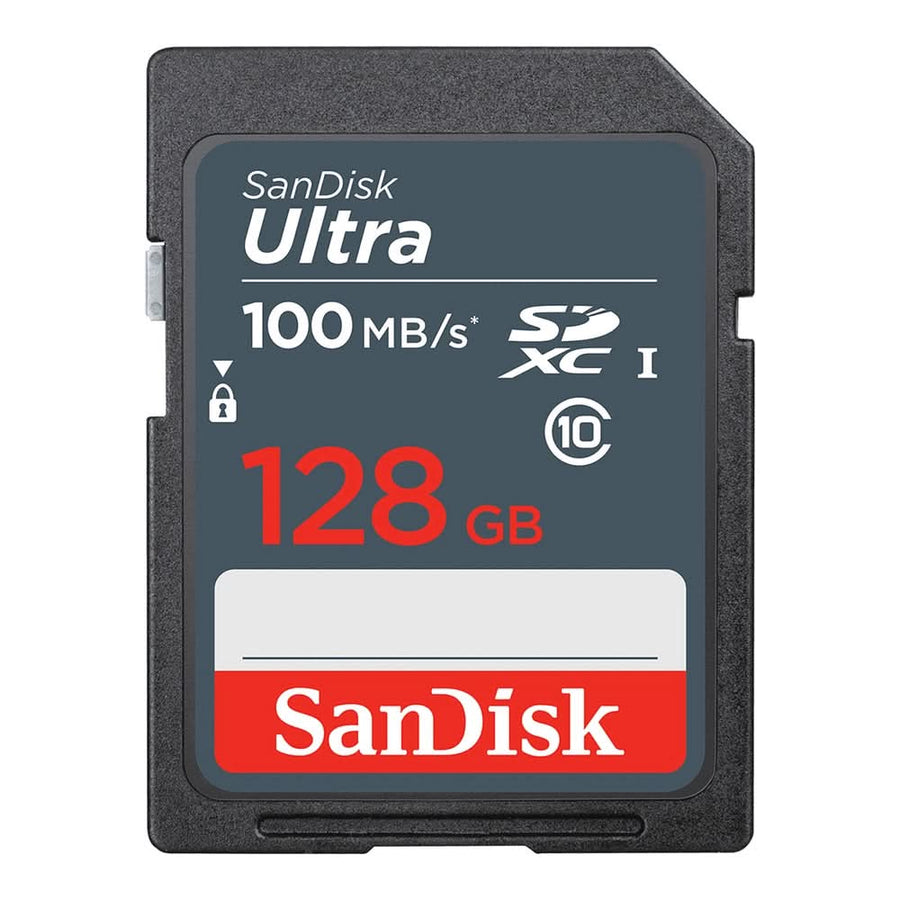 SanDisk Ultra 128GB SD card on a white background
