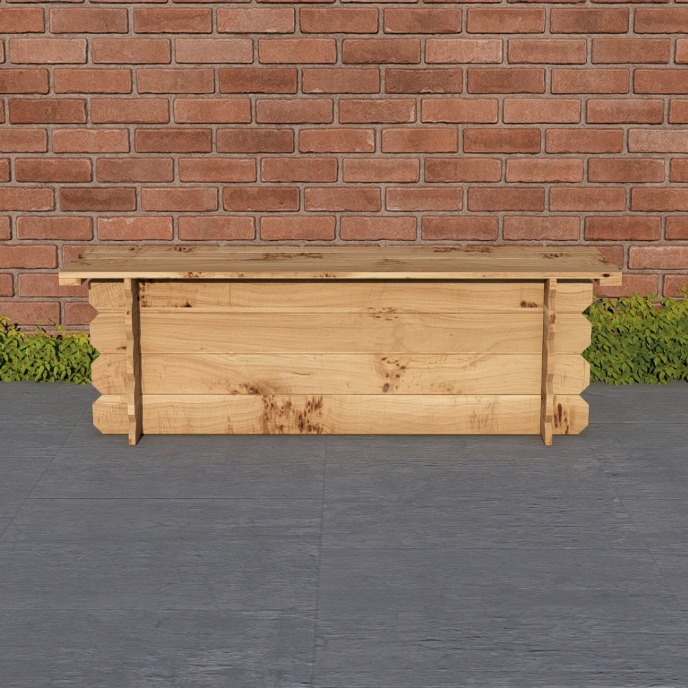 Wooden bench against a brick wall on a gray pavement