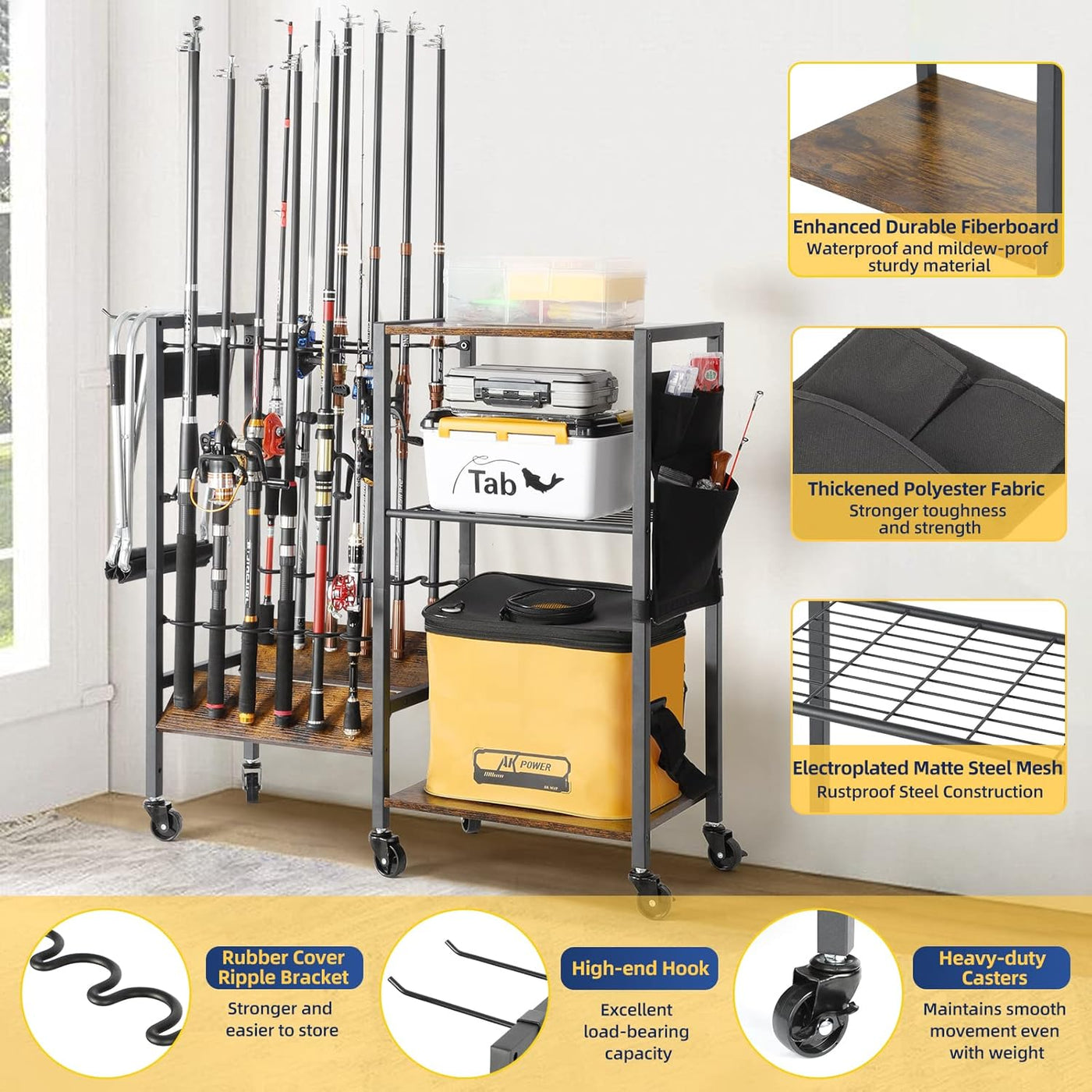 Fishing Rod Holder Organizer, Store 12 Rods, Tackle Cart for Garage & Home