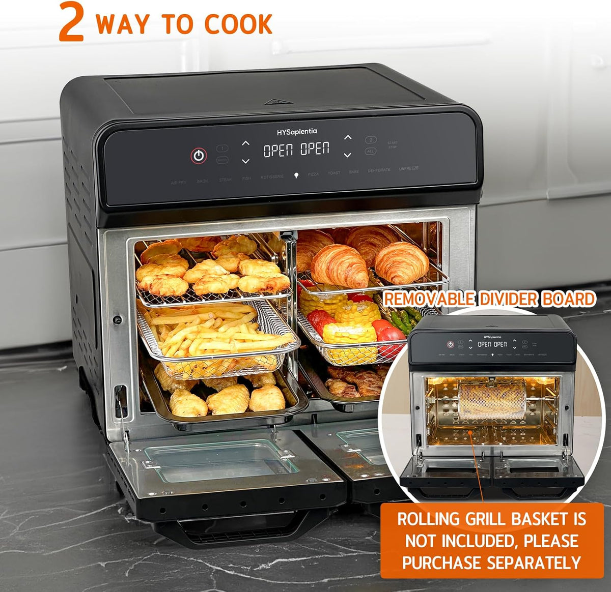 Dual Zone Air Fryer Oven 22L 2400W 10 in 1 Rotisserie Stainless HYSapientia