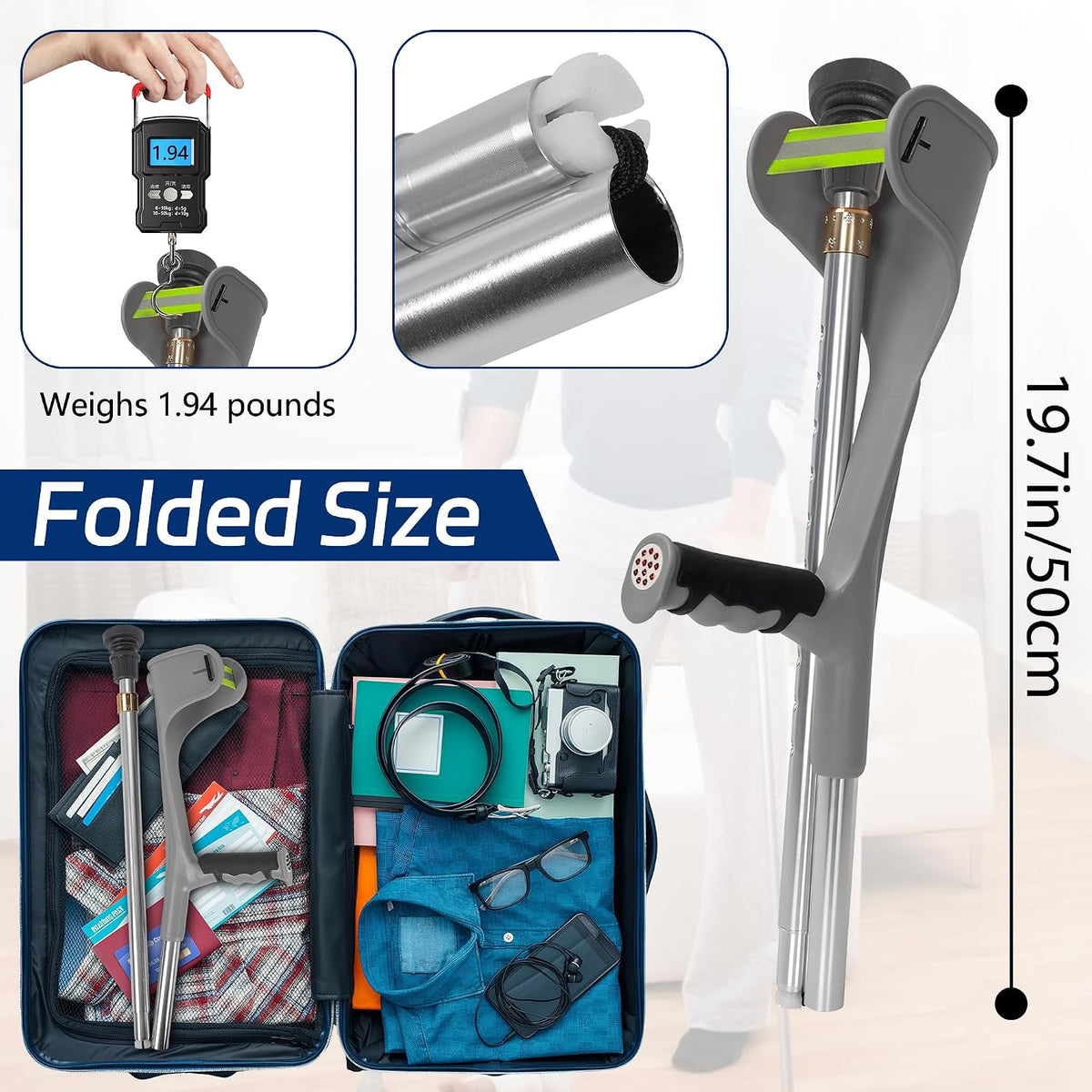 Folding Forearm Crutches Set of 2 Anti Slip Rubber Feet Adult Mobility Walking