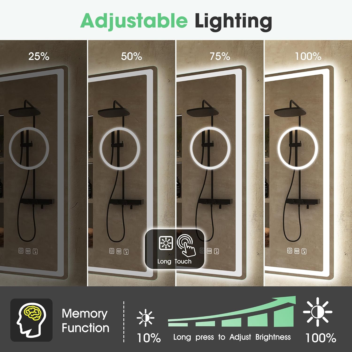 Adjustable lighting feature on a shower mirror with different brightness levels.