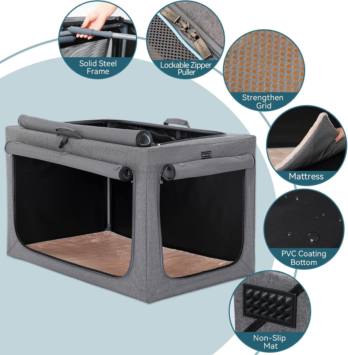 Portable Dog Crate 76x50x49cm Foldable Soft Pet Carrier Mesh Doors Grey Petsfit