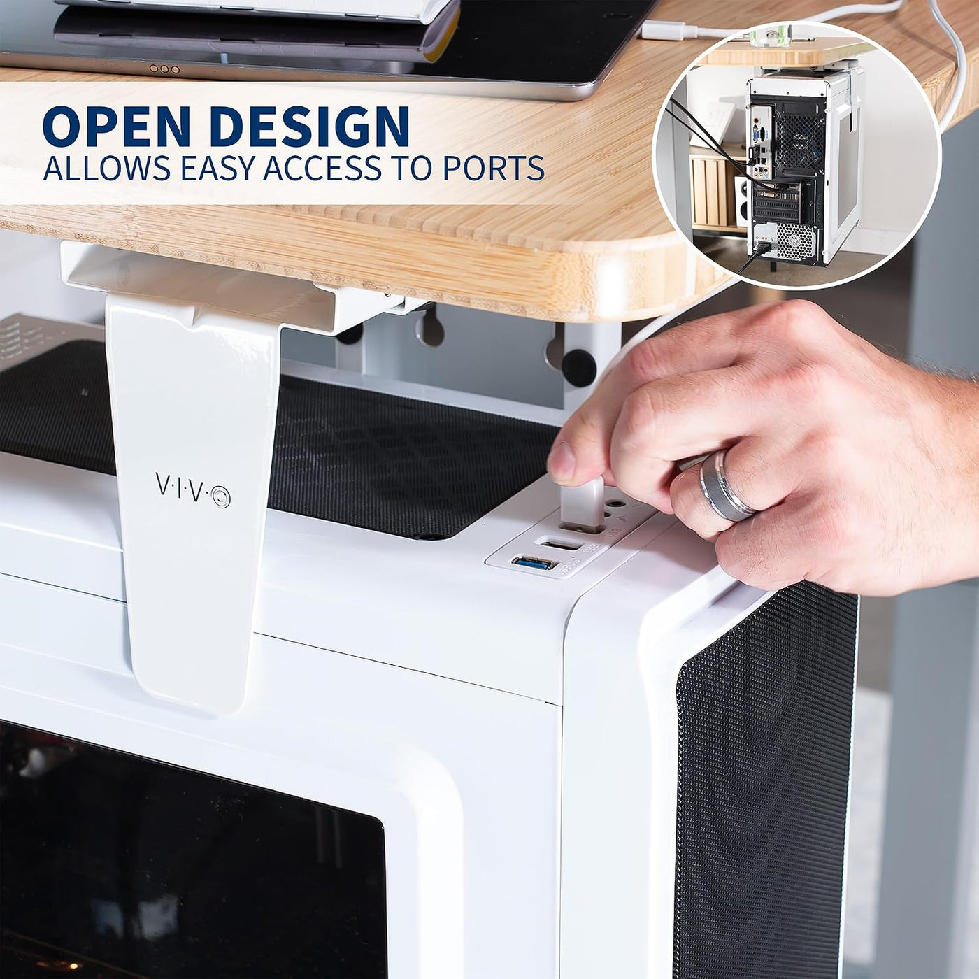 A white Vivo desktop computer with an open top design, shown with a hand plugging a USB cable into the port. The image includes a text overlay 'OPEN DESIGN ALLOWS EASY ACCESS TO PORTS' and a circular inset showing the internal port layout.