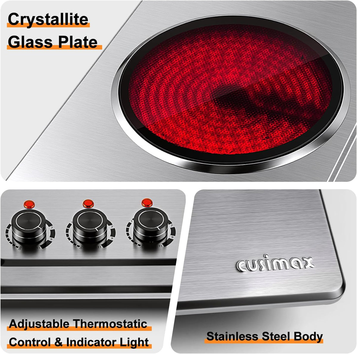 Electric Hob 2700W Infrared Triple Burner Portable Hot Plates Cooking CUSIMAX